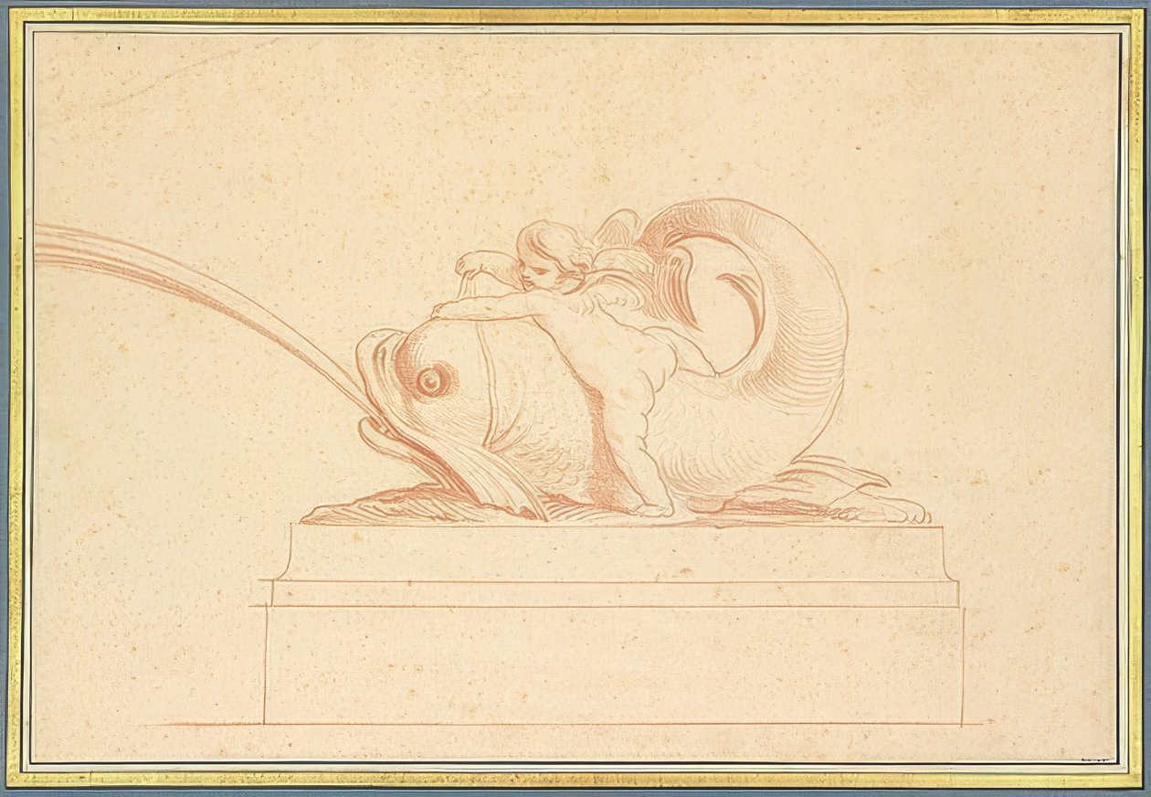 Vattensprutande delfin till vänster med en cupid. 1737 av Edmé Bouchardon