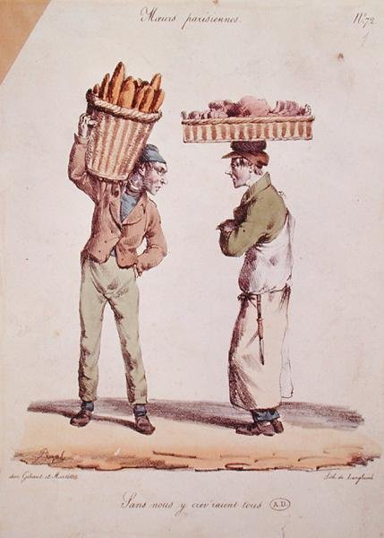 Karikatyr av två unga handelsmän som samtalar, platta nummer 72 från serien "Moeurs Parisiennes", graverad av Langlume, ca 1820 (färglitografi). av Edme Jean (after) Pigal