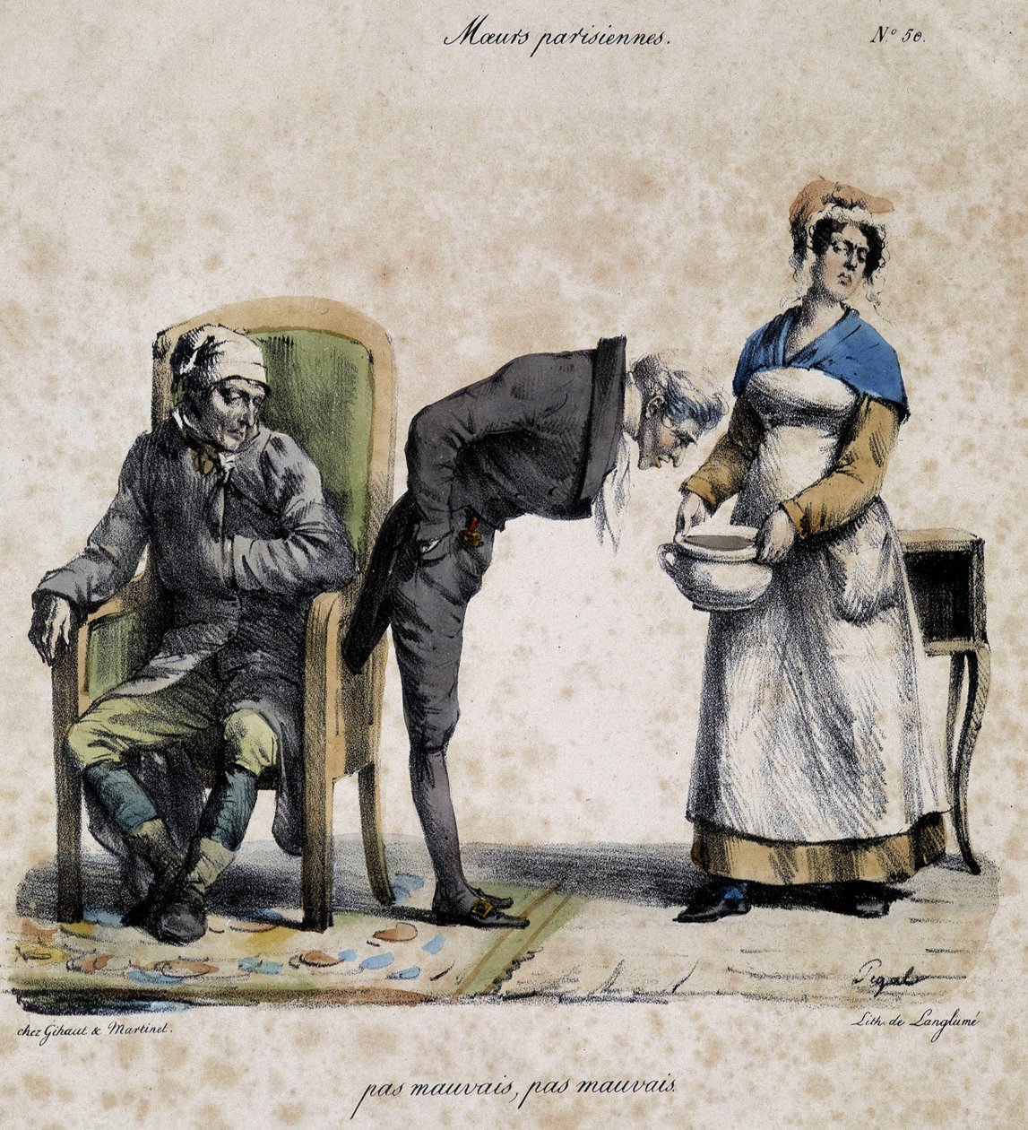 Sjuk, läkare tittar i grytan och tjänare. Tecknad serie av parisisk moral av Pigal (1800-talet), bevarad på Musee Dobree i Nantes. av Edme Jean (after) Pigal