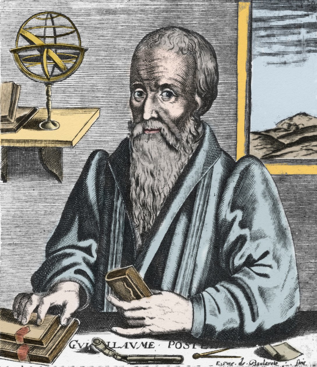 Porträtt av William Postel (1510-81) - Porträtt av Guillaume Potel (1510-1581) orientalist, filolog och teosofi av fransk katolskt samfund. Gravyr av Edme de Boulonois. av Edme de Boulonois