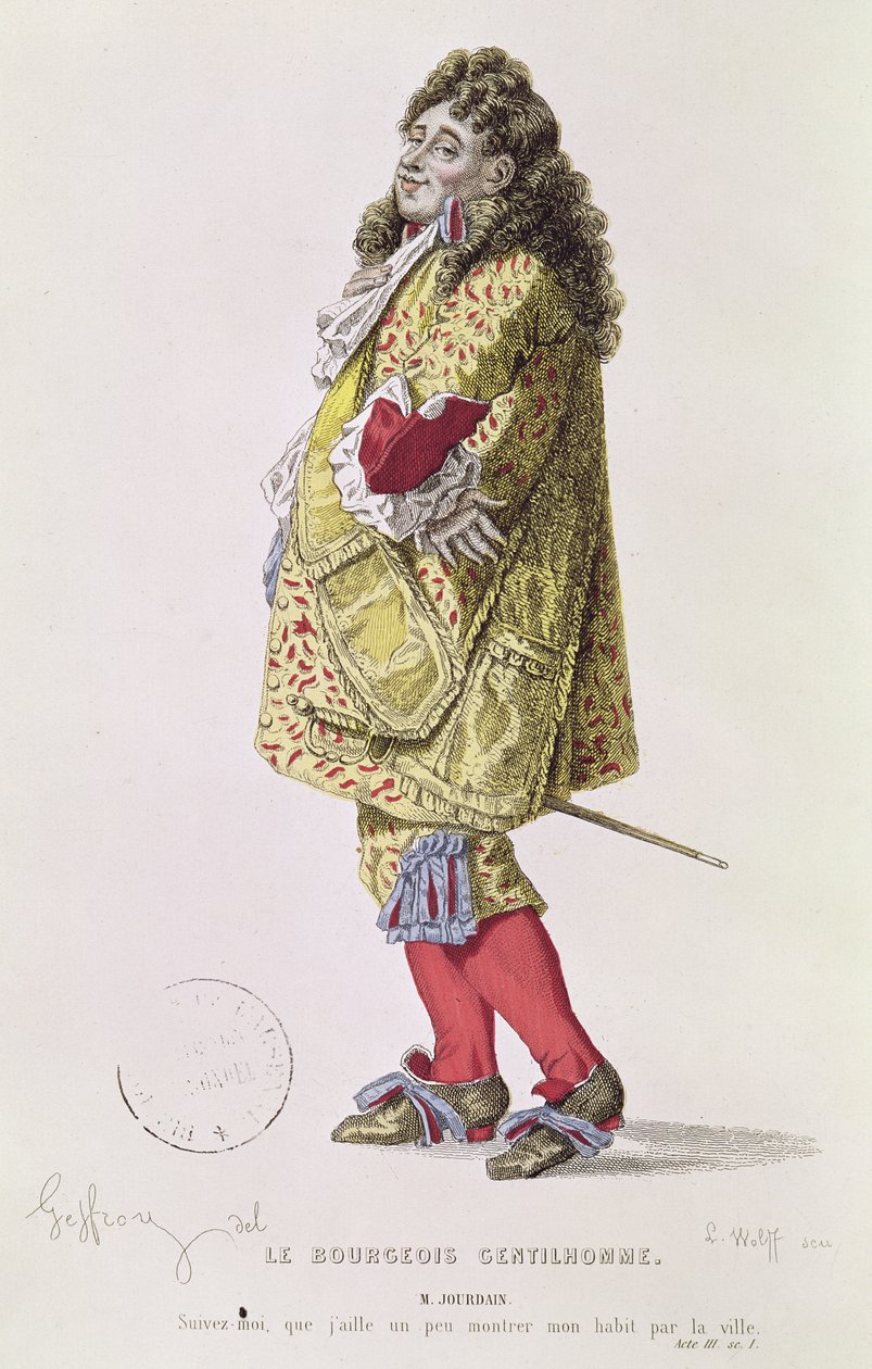 "Följ mig, så att jag lite kan visa min klänning om staden", illustration av Monsieur Jourdain från akt III Scen 1 av "The Bourgeois Gentleman" av Moliere (1622-73) graverad av Ludwig Wolff (1776) av Edmond A.F. Geffroy