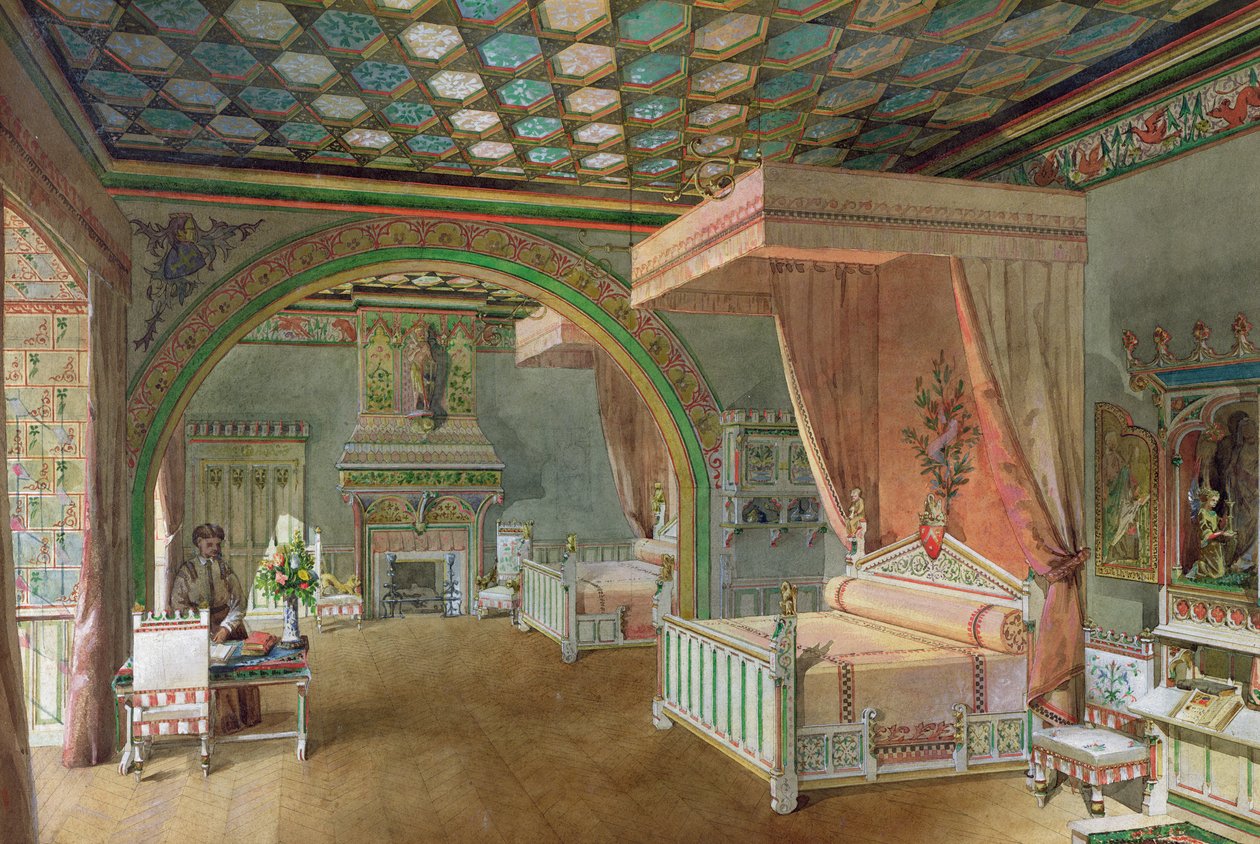 Det rosa rummet i Chateau de Roquetaillade, 1868 (wc på papper) av Edmond Duthoit