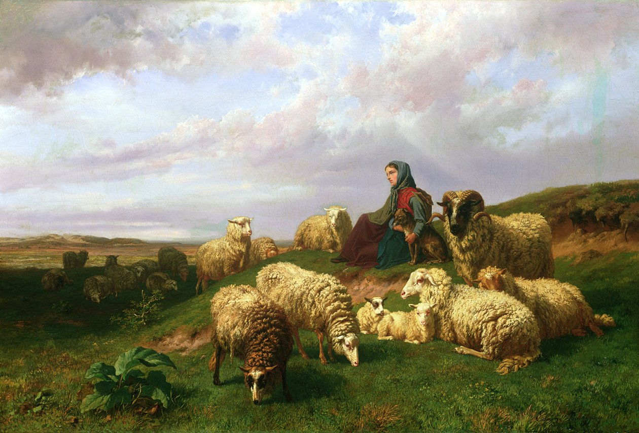 Herdinna vilar med sin flock, 1867 av Edmond Jean Baptiste Tschaggeny