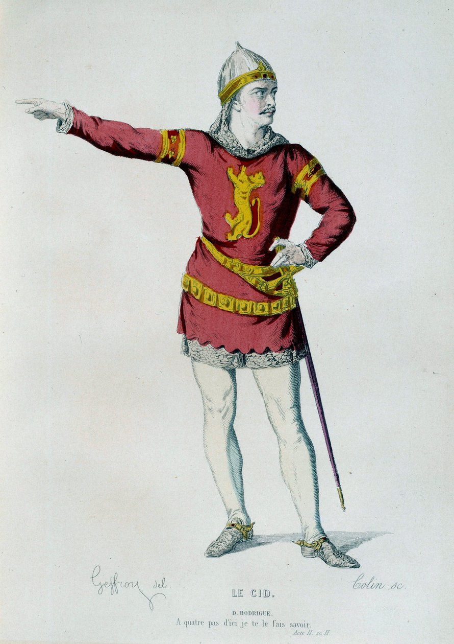 Kostym för Don Rodrigue eller Le Cid i scen 2 i akt II av "" Le Cid"" av Pierre Corneille (1606-1684). Illustration av Edmond Geffroy (1804-1895) 1800-talets Paris, Comedie francaise av Edmond Aime Florentin Geffroy