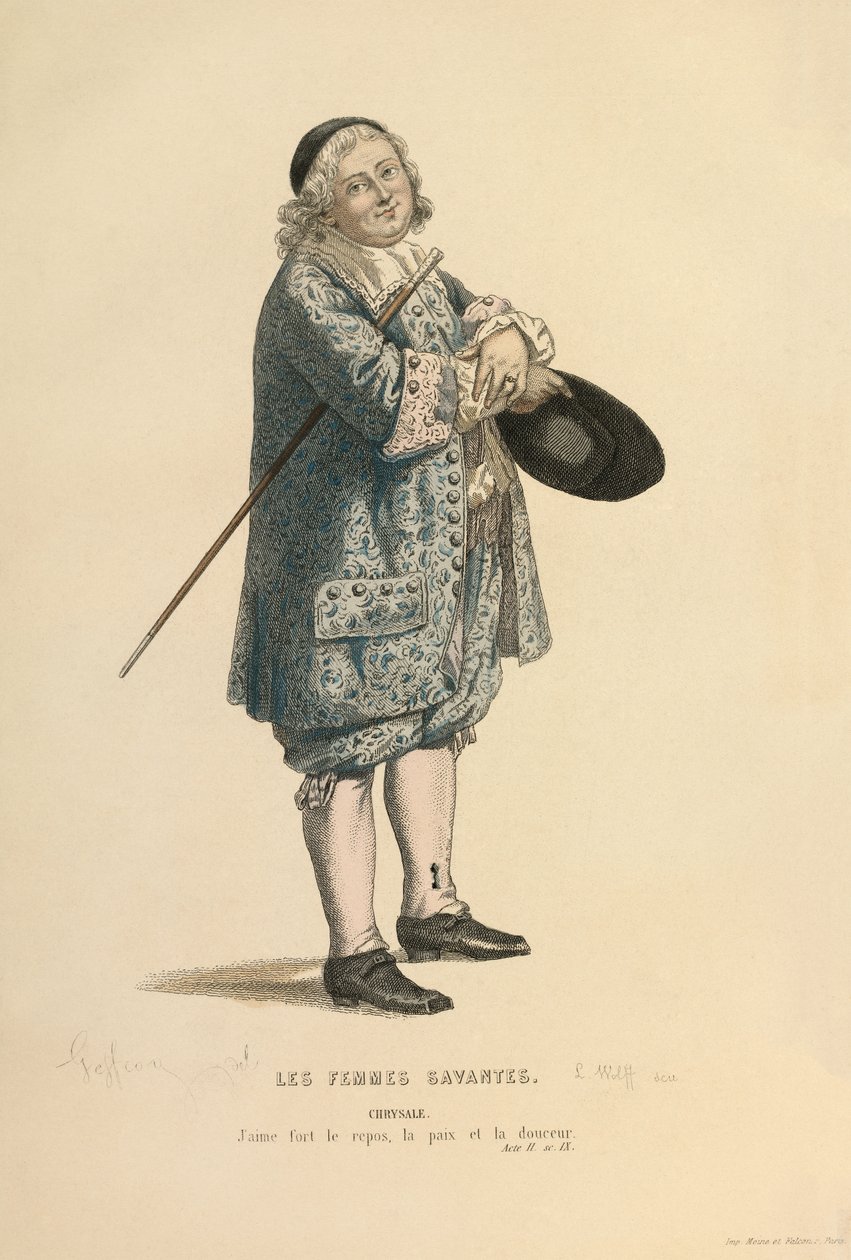 Kostym för rollen som Chrysale, ca 1868 (gravyr) av Edmond Aime Florentin Geffroy