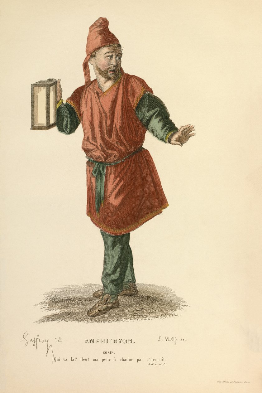 Kostym för rollen som Sosie, ca 1868 (gravyr) av Edmond Aime Florentin Geffroy