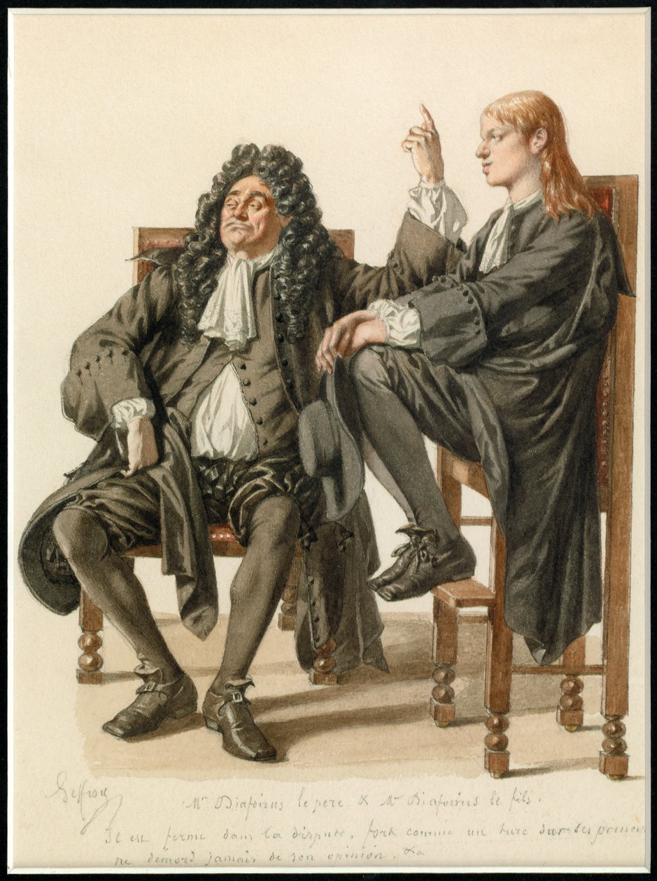 Porträtt av Monsieur Diafoirus far och barn, ca 1870 (akvarell) av Edmond Aime Florentin Geffroy