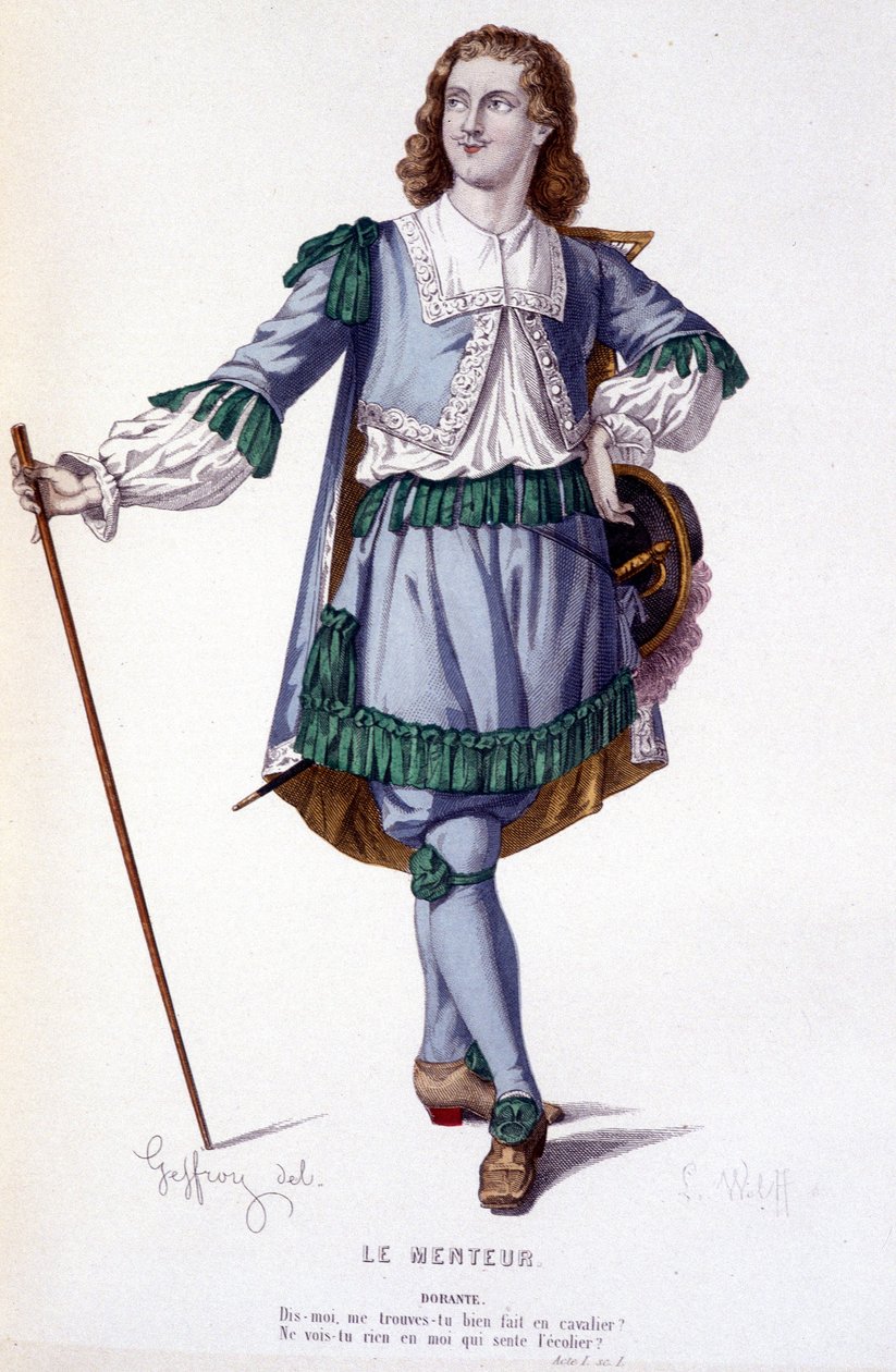 Karaktären Dorante i komedin Le Menteur - Full Theatre: (Samling av pjäser av Corneille) teckning av Geffroy, gravyr av L. Wolff - ed. Laplace, Sanchez och Co., Paris 1884 av Edmond Aime Florentin Geffroy