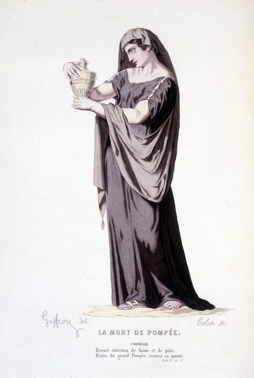 Karaktären av Cornelie i teaterpjäsen La mort de Pompee - Theatre complet: (Kompendium av pjäser av Corneille) teckning av Geffroy, gravyr av Colin - ed. Laplace, Sanchez et Cie, Paris 1884 av Edmond Aime Florentin Geffroy