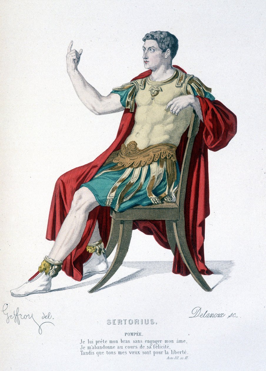 Karaktären av Pompee i teaterstycket Sertorius - Full Theatre: (Samling av pjäser av Corneille) teckning av Geffroy, gravyr av Delanoux - ed. Laplace, Sanchez et Cie, Paris 1884 av Edmond Aime Florentin Geffroy