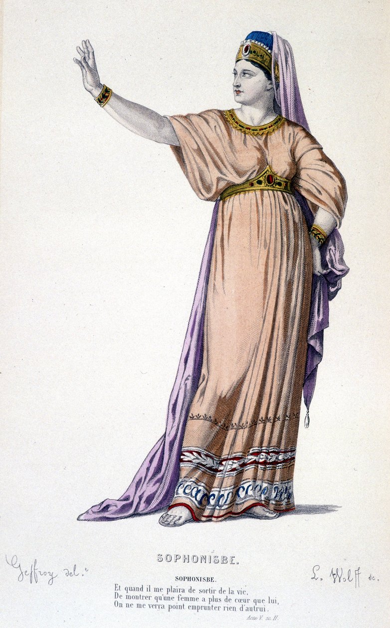 Karaktären av Sophonisbe i tragedin Sophonisbe - Full Theatre: (Samling av pjäser av Corneille) teckning av Geffroy, gravyr av L. Wolff - ed. Laplace, Sanchez et Cie, Paris 1884 av Edmond Aime Florentin Geffroy