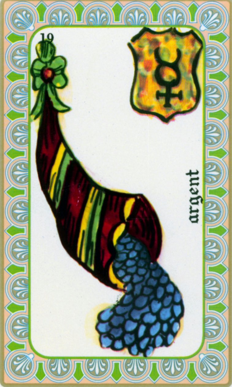tarot av magus Belline tecknad av Edmond Billaudot c. 1845 och gavs till klärvoajanta Belline för återutgivning: pengarnas kort: mynt i ett horn av överflöd av Edmond Billaudot