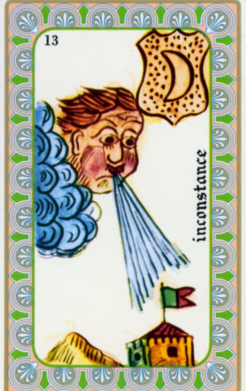tarot av magus Belline ritad av Edmond Billaudot ca 1845 och given till klärvoajanta Belline för nyutgåva: kort för nyckfullhet: vinden blåser av Edmond Billaudot