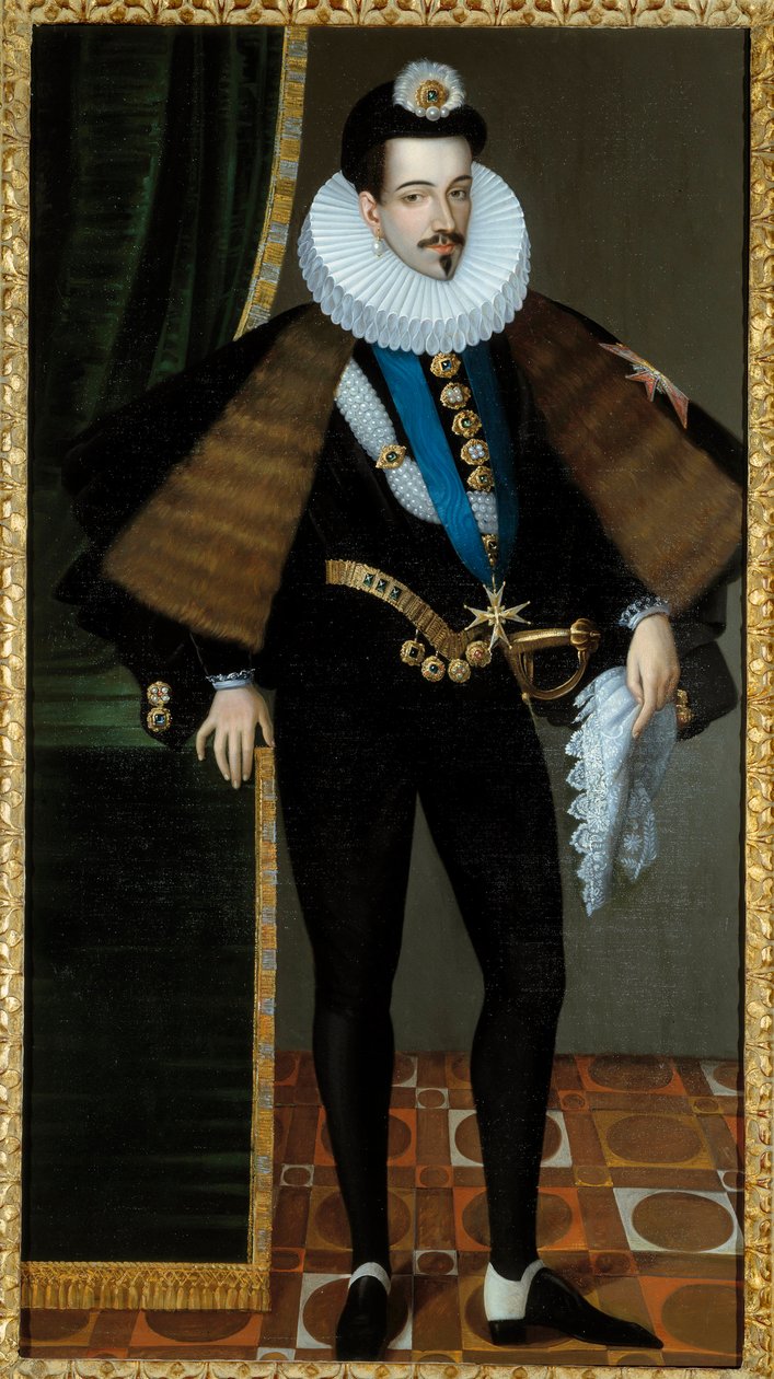 Porträtt till fots av Henrik III (1551-1589), kung av Frankrike. Målning av Pierre Jean Edmond Castan (1817 - 1892), baserad på en målning från 1500-talet. Olja på duk. Mått: 1,95 x 1,08 m. Blois, Musee Communal Du Chateau - Hellängdsporträtt av Henrik III av Edmond Castan