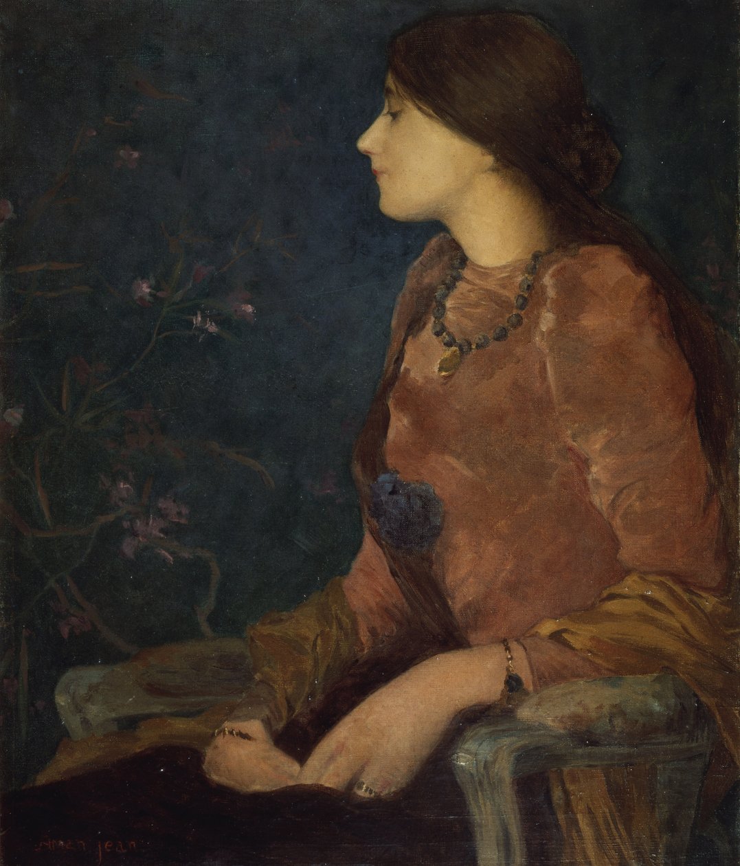 Eftertänksam dam, sittande (olja på duk) av Edmond François Aman Jean