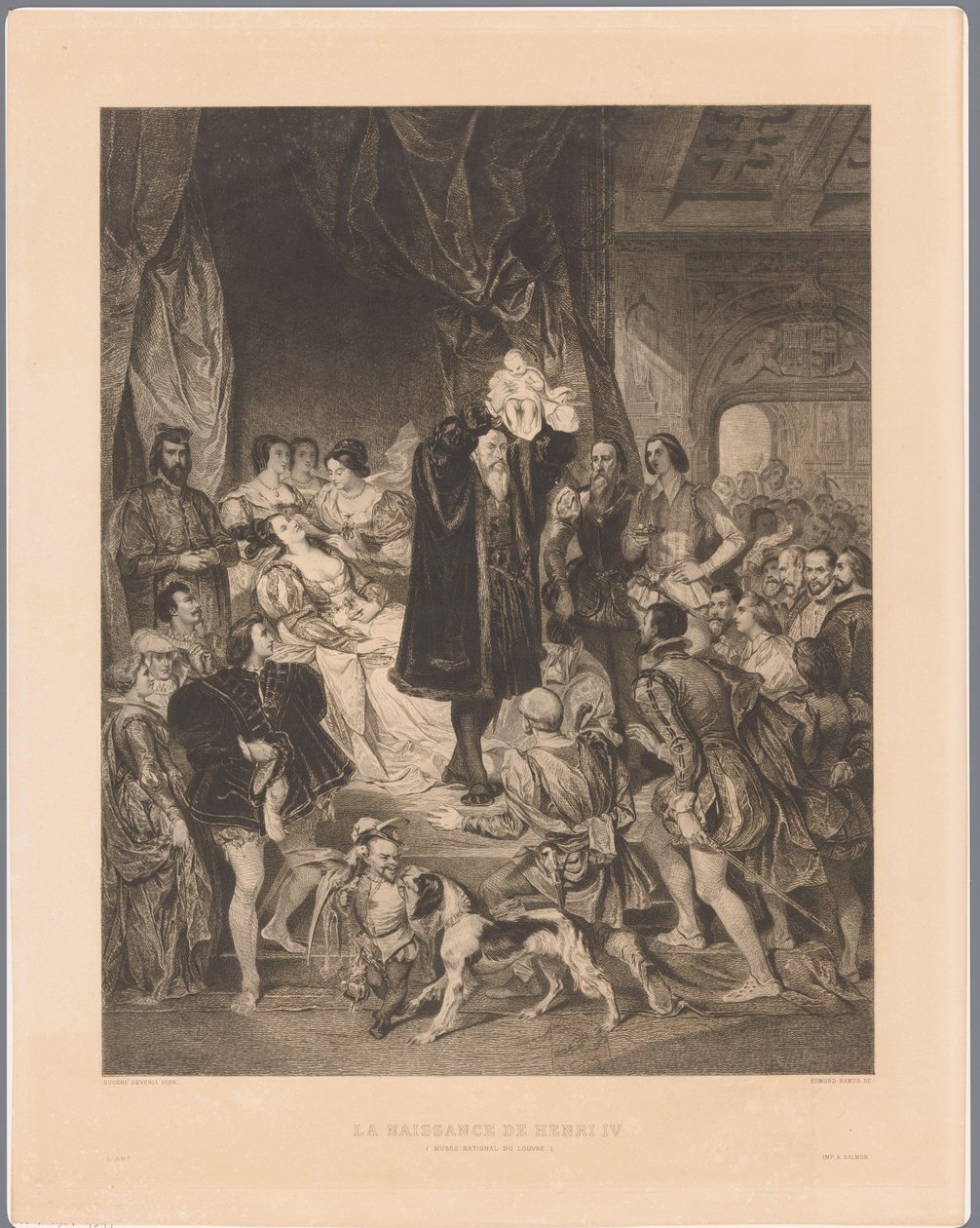 Kung Antoine de Bourbon visar sin nyfödde son Henrik IV La Naissance de Henri IV (titel på objekt) av Edmond Joseph Ramus