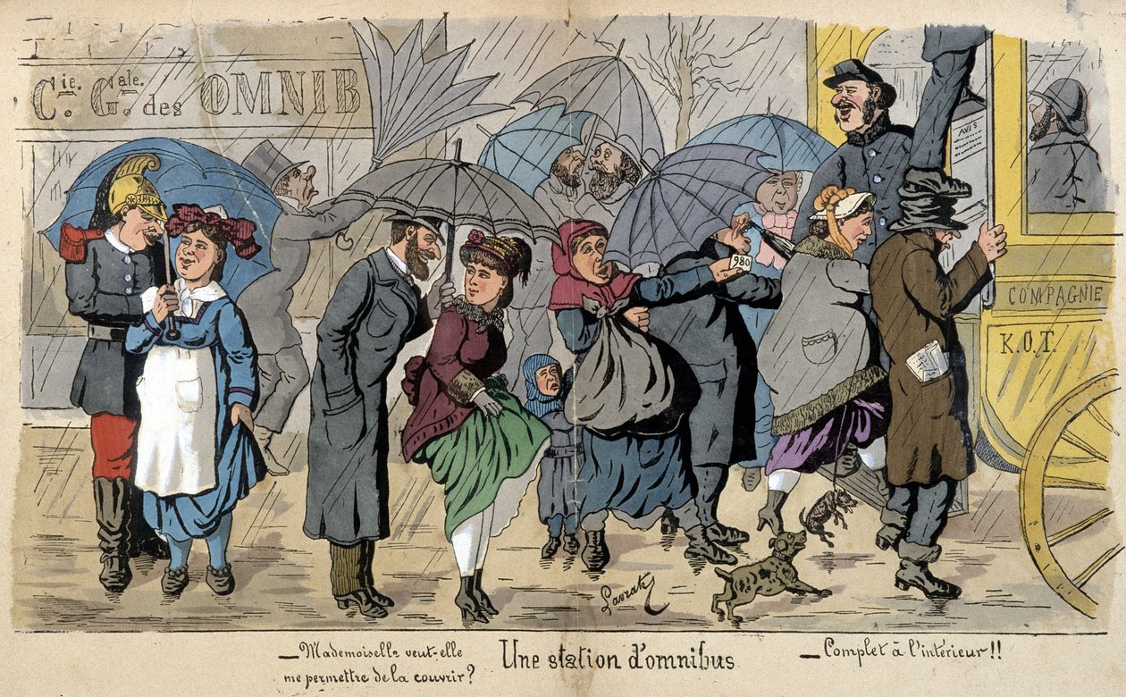 En omnibusstation i regnet - humoristisk teckning av Lavrate, cirka 1880 av Edmond Lavrate