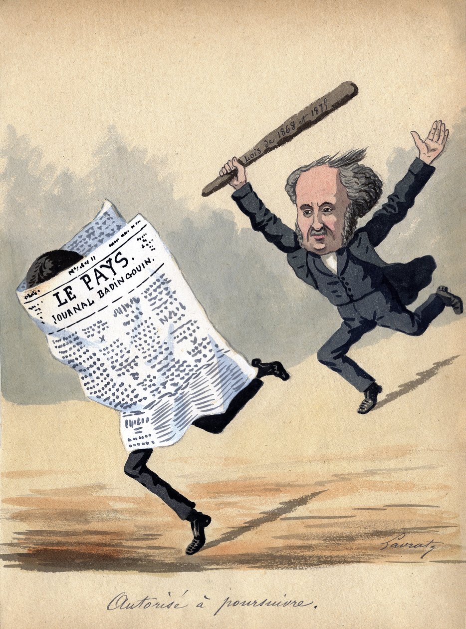 "Befogenhet att väcka åtal", karikatyr på presslagen från 1875 i Frankrike (färglitografi) av Edmond Lavrate