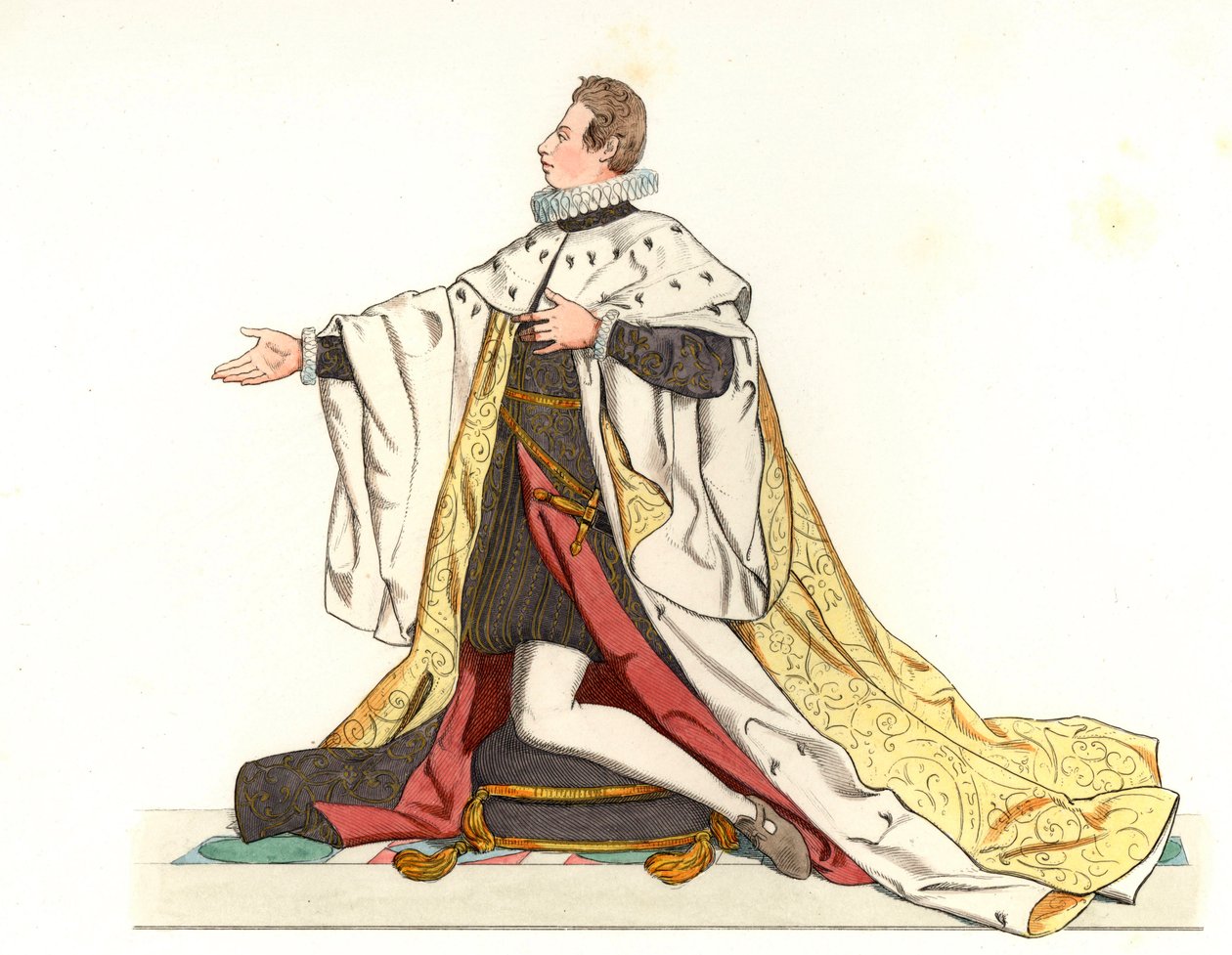 Cosme II de Medicis (1590-1621), storhertig av Toscana (Italien) - Litografi baserad på en illustration av Edmond Lechevallier-Chevignard (1825-1902), från "Historical Costumes of the 16th av Edmond Lechevallier Chevignard