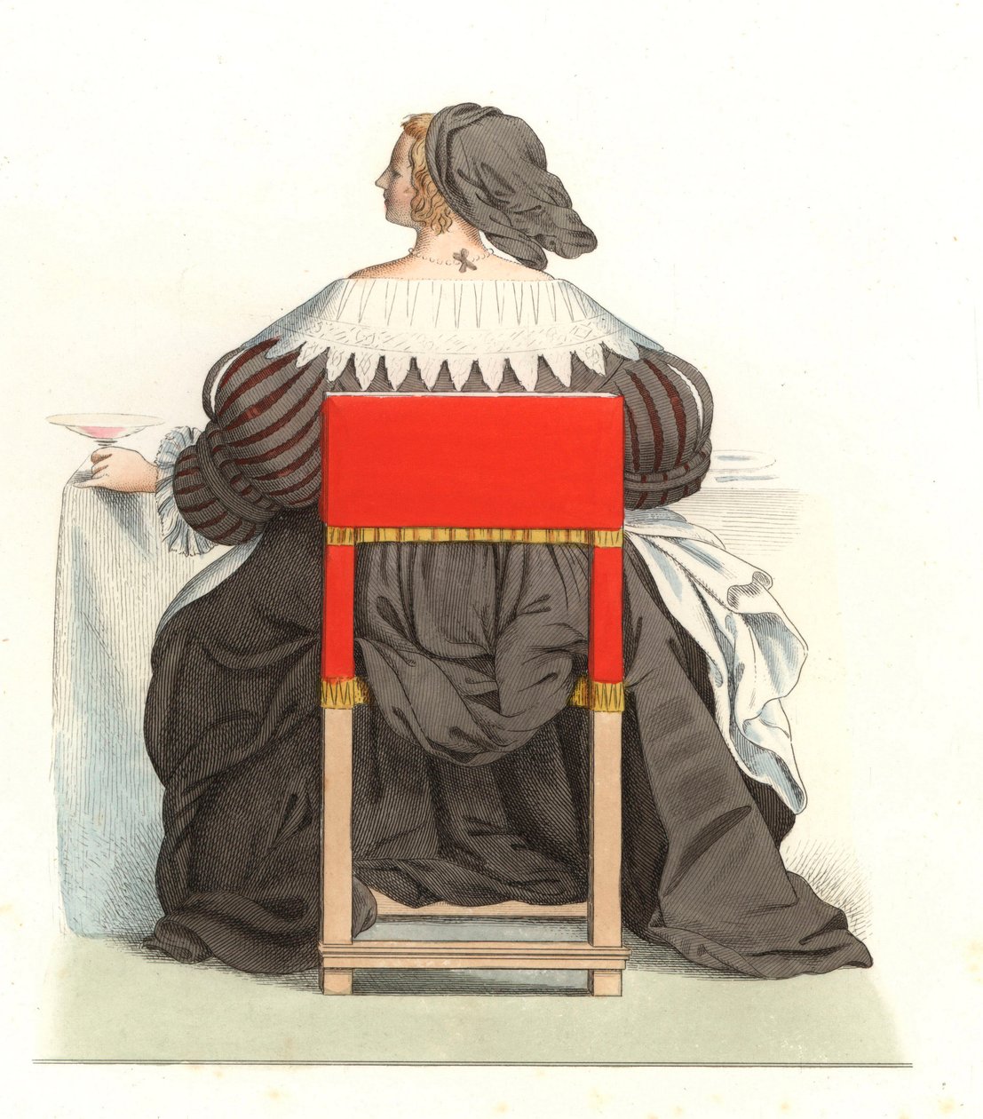 Fransk kvinna 1600-talet, från en gravyr av Abraham Bosse (1602-1676) - Litografi från en illustration av Edmond Lechevallier-Chevignard (1825-1902), från "Costumes historiques des 16th" av Edmond Lechevallier Chevignard