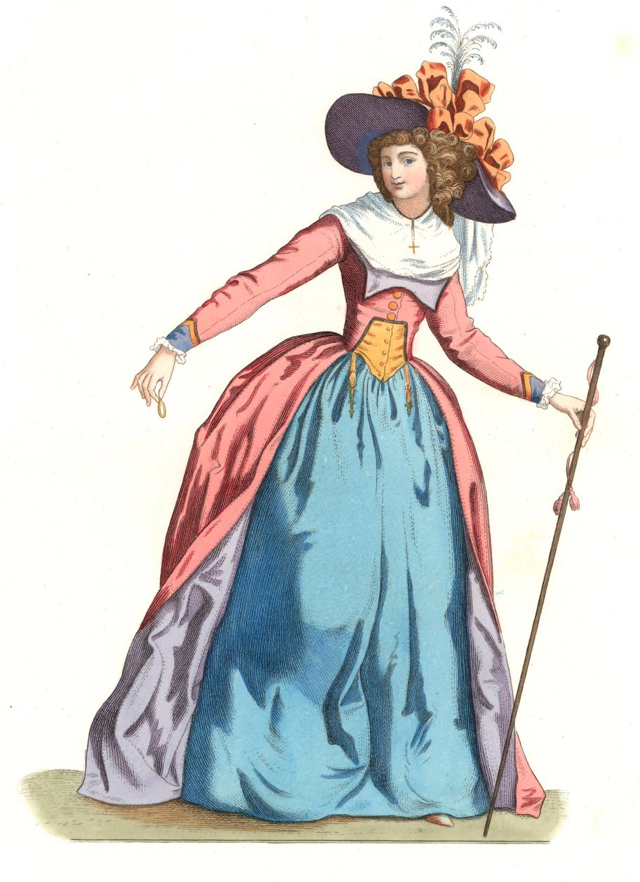 Fransk kvinna i mode på 1700-talet - Litografi baserad på en illustration av Edmond Lechevallier-Chevignard (1825-1902), från "Costumes historiques des 16th" av Edmond Lechevallier Chevignard