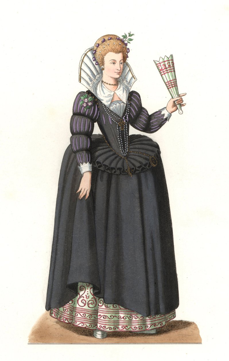 Fransk kvinna under kung Henrik III (1551-1589) - Litografi baserad på en illustration av Edmond Lechevallier-Chevignard (1825-1902), från "Costumes historiques des 16th av Edmond Lechevallier Chevignard