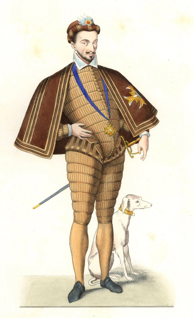 Kung Henrik III av Frankrike (1551-1589), bär halsbandet av den Helige Andes Orden - Litografi efter en illustration av Edmond Lechevallier-Chevignard (1825-1902), från "Costumes historiques des 16th av Edmond Lechevallier Chevignard