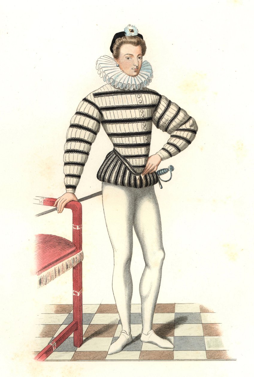 Porträtt av Saint-Megrin, fransk gentleman 1500-talet, efter en illustration av Riffaut - Litografi från en illustration av Edmond Lechevallier-Chevignard (1825-1902), från "Costumes historiques des 16th av Edmond Lechevallier Chevignard
