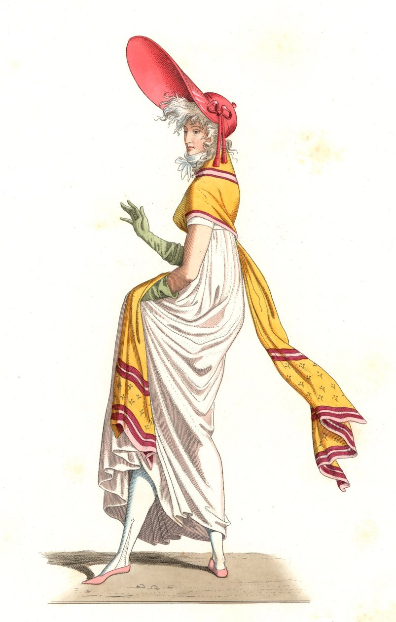 Ung fransk kvinna klädd i stil med 1700-talets underbara, efter en målning av Carle Vernet (1758-1836) - Litografi efter en illustration av Edmond Lechevallier-Chevignard (1825-1902), från "Costumes historiques des 16th" av Edmond Lechevallier Chevignard