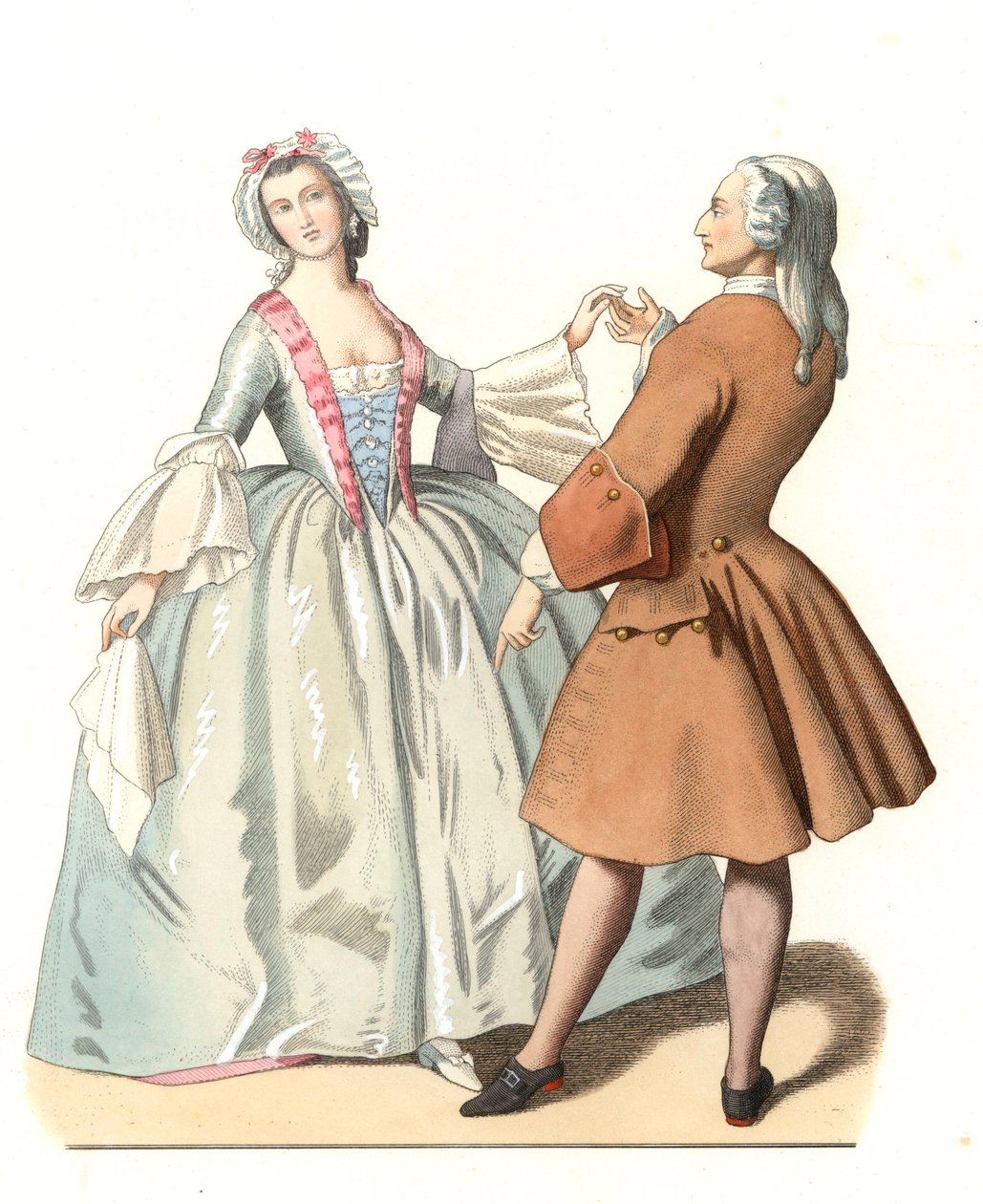 Dansmästare och en ung venetian, danslecon i Italien 1700-talet, baserad på en målning av Pietro Longhi (1701-1785) - Litografi baserad på en illustration av Edmond Lechevallier-Chevignard (1825-1902), extraherad från "" Historical Costumes of den 16:e av Edmond Lechevallier Chevignard