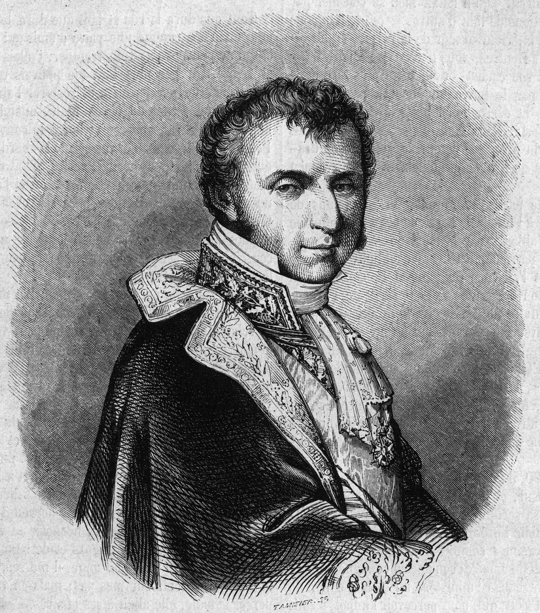 Porträtt av Nicolas Francois Mollien (1758-1850), fransk politiker. Gravyr av Chevignard i "" The Picturesque Store"" av Edmond Lechevallier Chevignard