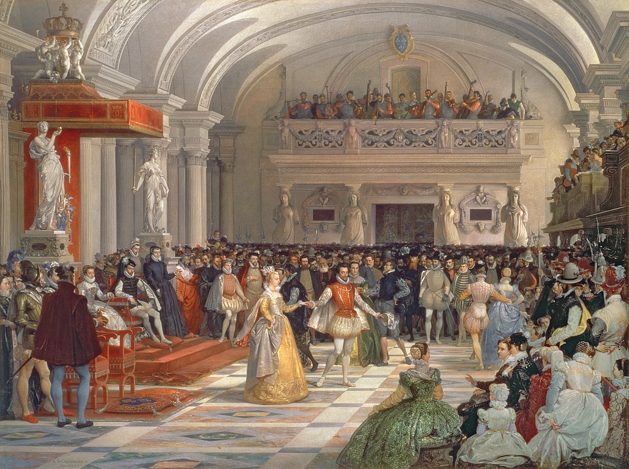 Bröllopet mellan Henri de Bourbon, kung av Navarra, och Marguerite de Valois i närvaro av Catherine de Medici och Karl IX år 1572, 1862 av Edmond Lechevallier Chevignard