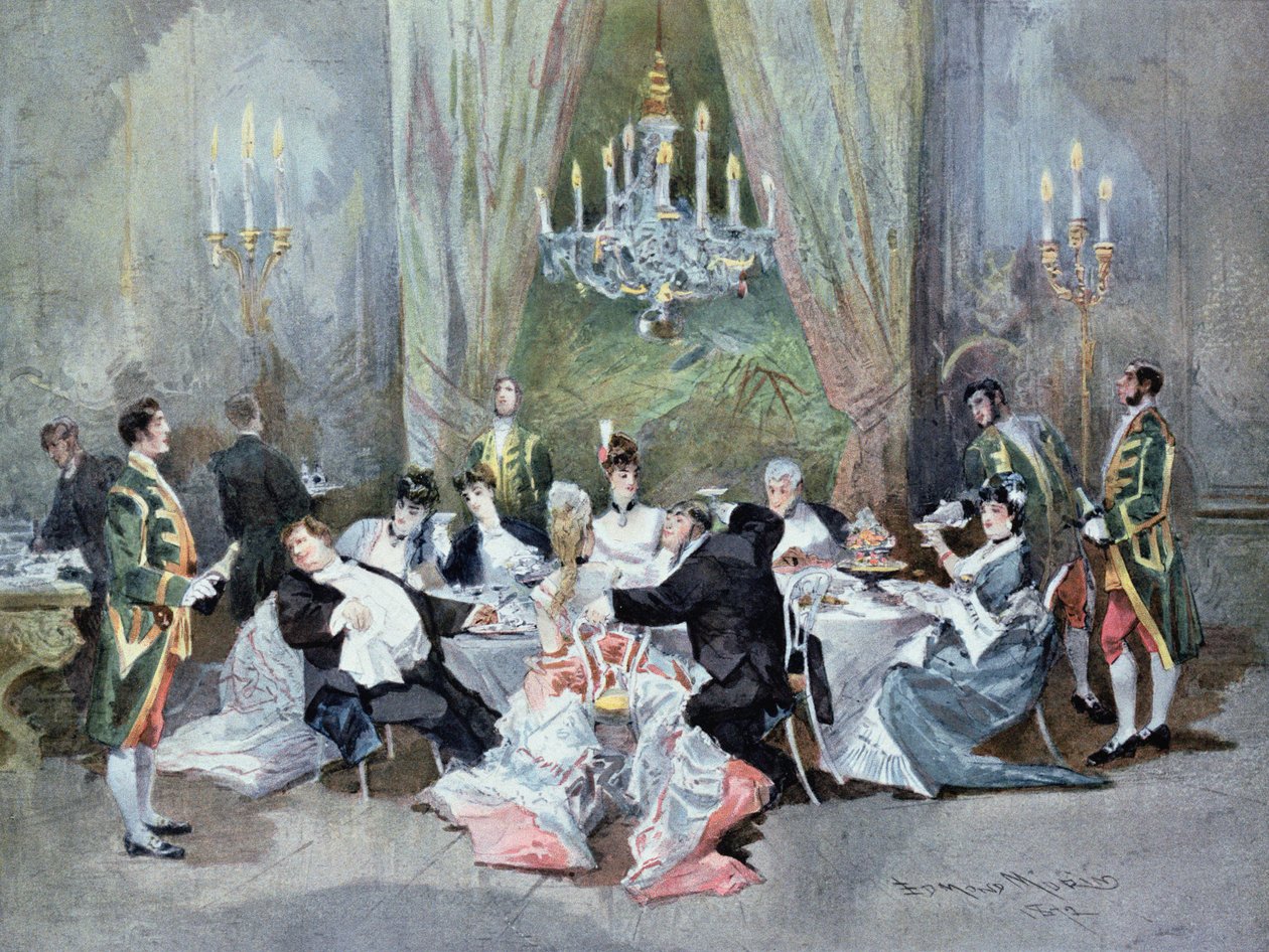 Akt II, scen 10 från "Le Reveillon" av Henri Meilhac (1830-97) och Ludovic Halevy (1834-1908) framförd på Palais-Royal 1872. av Edmond Morin