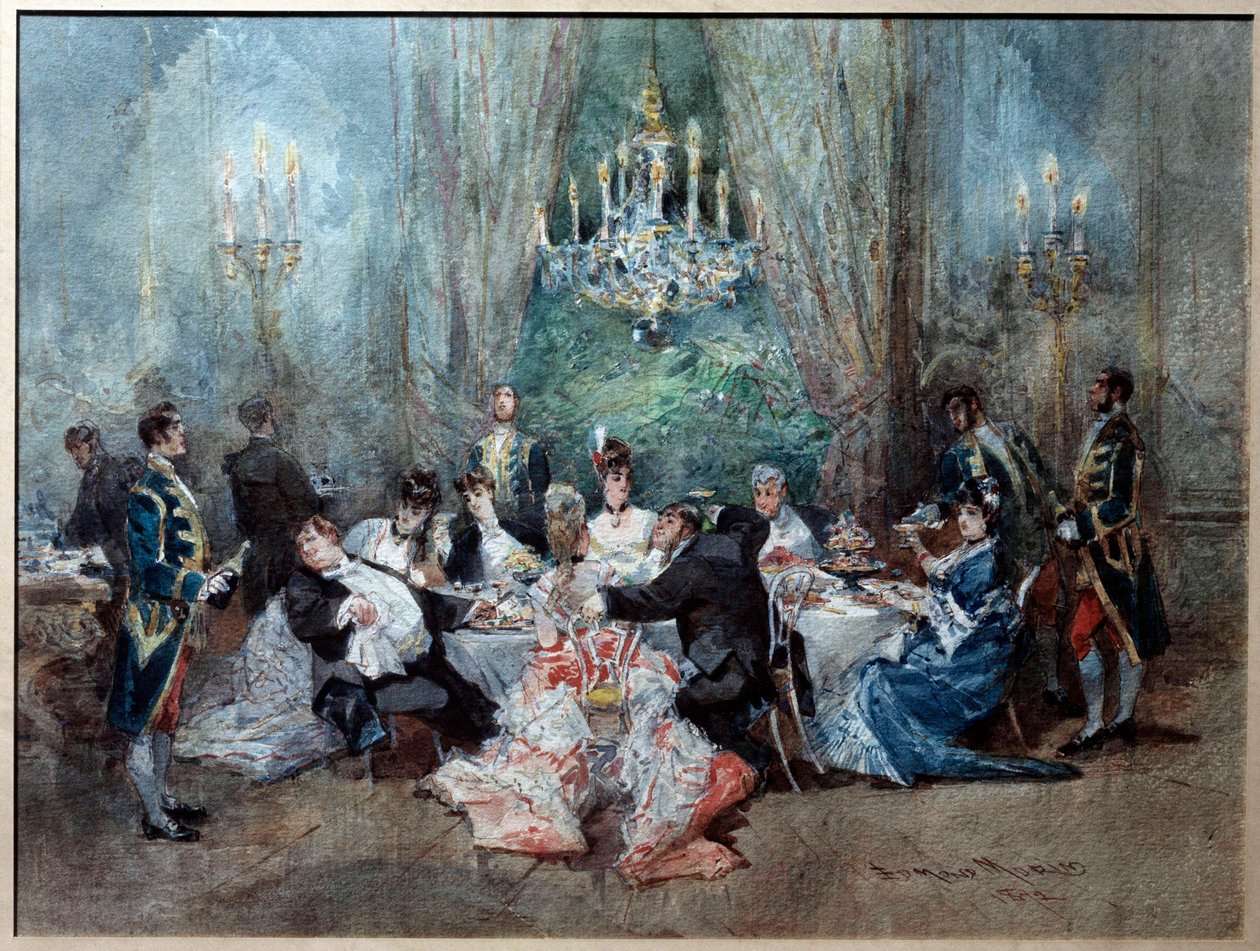 Måltidsscen. Illustration för scen 10 i akt II av "" The Reveillon"" av Henri (Henry) Meilhac (1830-1897) och Ludovic Halevy (1834-1908) på Kungliga slottet av Edmond Morin