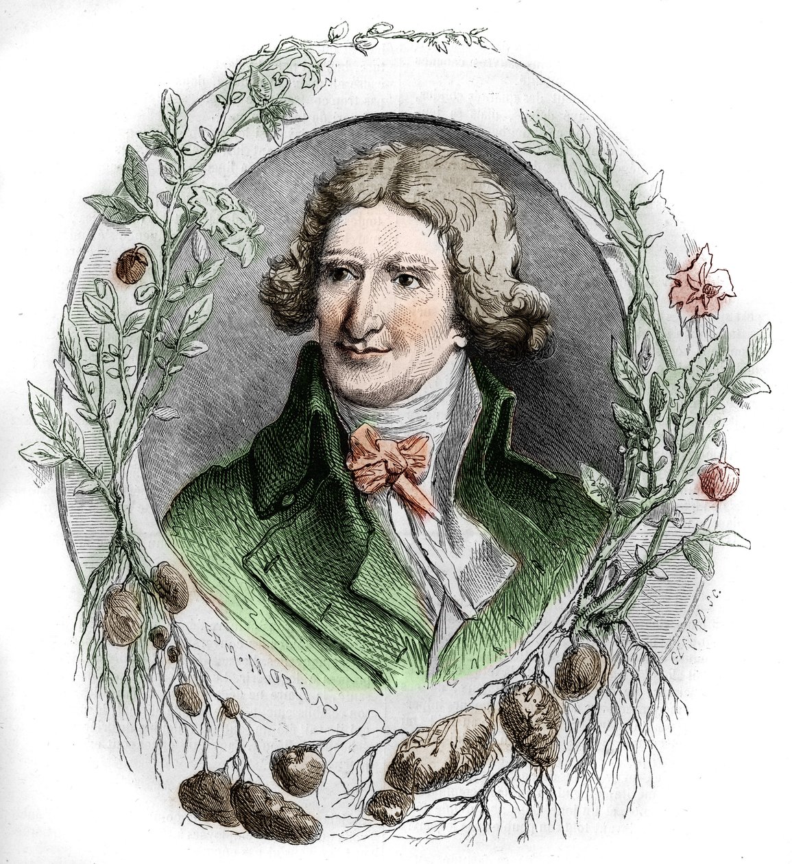 Porträtt av Antoine Augustin Parmentier (1737-1813), fransk militärapotekare och agronom. Gravyr av Edmond Morin av Edmond Morin
