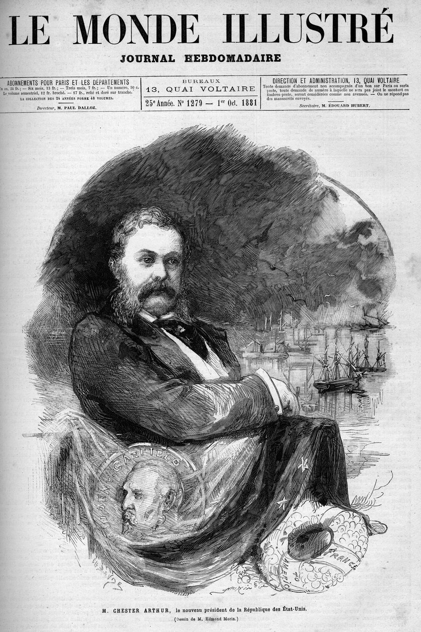 Porträtt av Chester Alan Arthur (1830-1886), USA:s president. Gravyr av Edmond Morin. En av "The Illustrous World" nr 1279 av 1 oktober av Edmond Morin