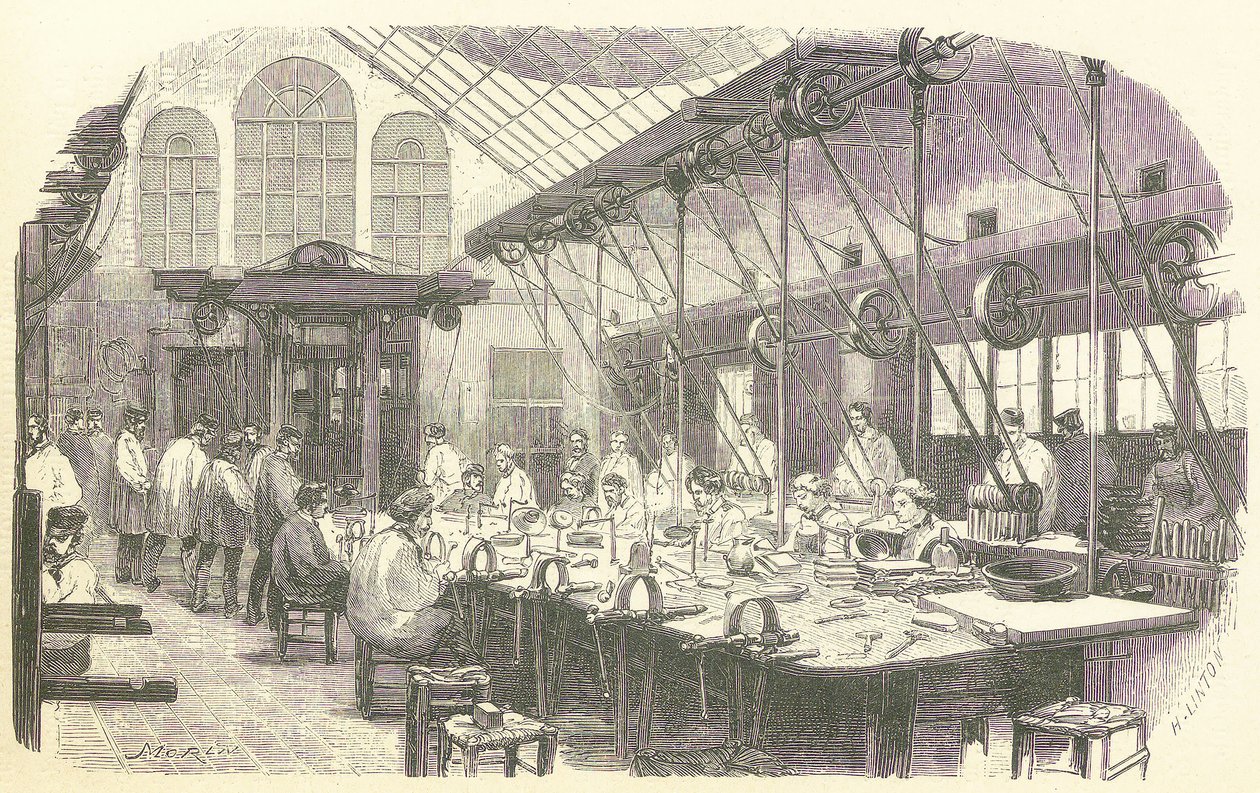 Silversmeder på jobbet på Christophle Flatware Factory i Paris, pub. 1875 (gravyr) av Edmond Morin