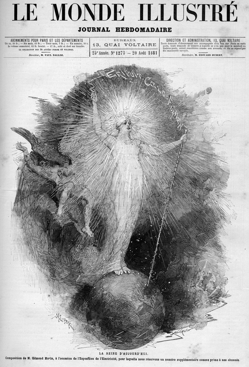 Dagens drottning: allegori om elektricitet som en kvinna som dominerar världen gjord på Electricite-utställningen 1881. Gravyr av Edmond Morin. En av "The Illustrous World" nr 1273 av 20 augusti av Edmond Morin