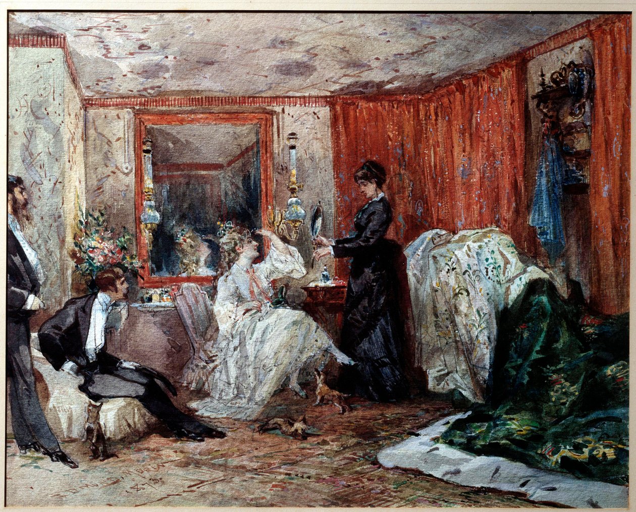 Teaterkomikern Hortense Schneider (1833-1920), älskarinna till Jacques Offenbach (1819-1890), representerar till vänster i sitt omklädningsrum på Theatre des varietes. Akvarell av Edmond Morin (1824-1882) 1873 Compiegne, Castle Museum av Edmond Morin