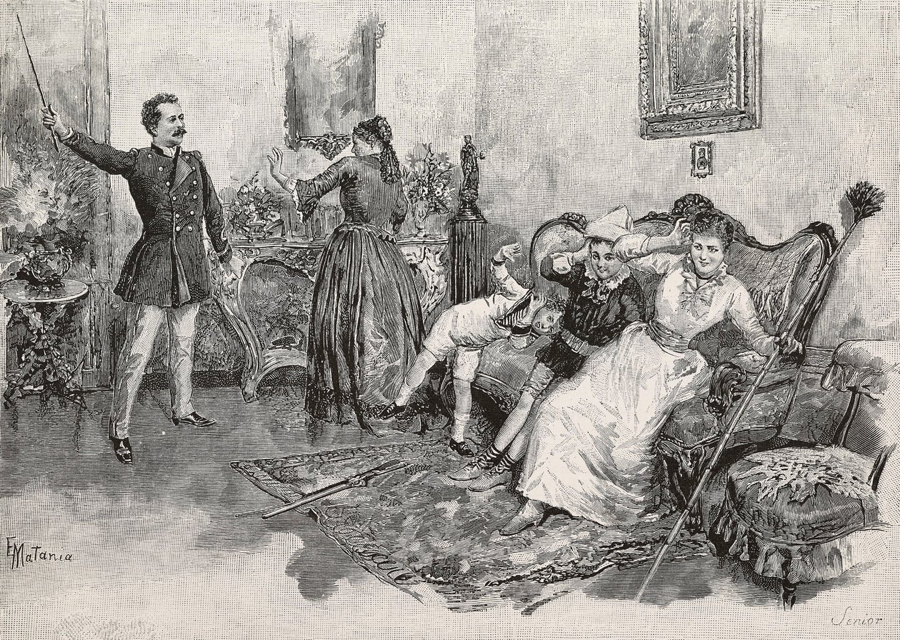 Två kvinnor och två barn skrämda av skrämmande man, gravyr från illustration av Edoardo Matania till boken Military Life in Italy av Edmondo De Amicis (1846-1908), från L