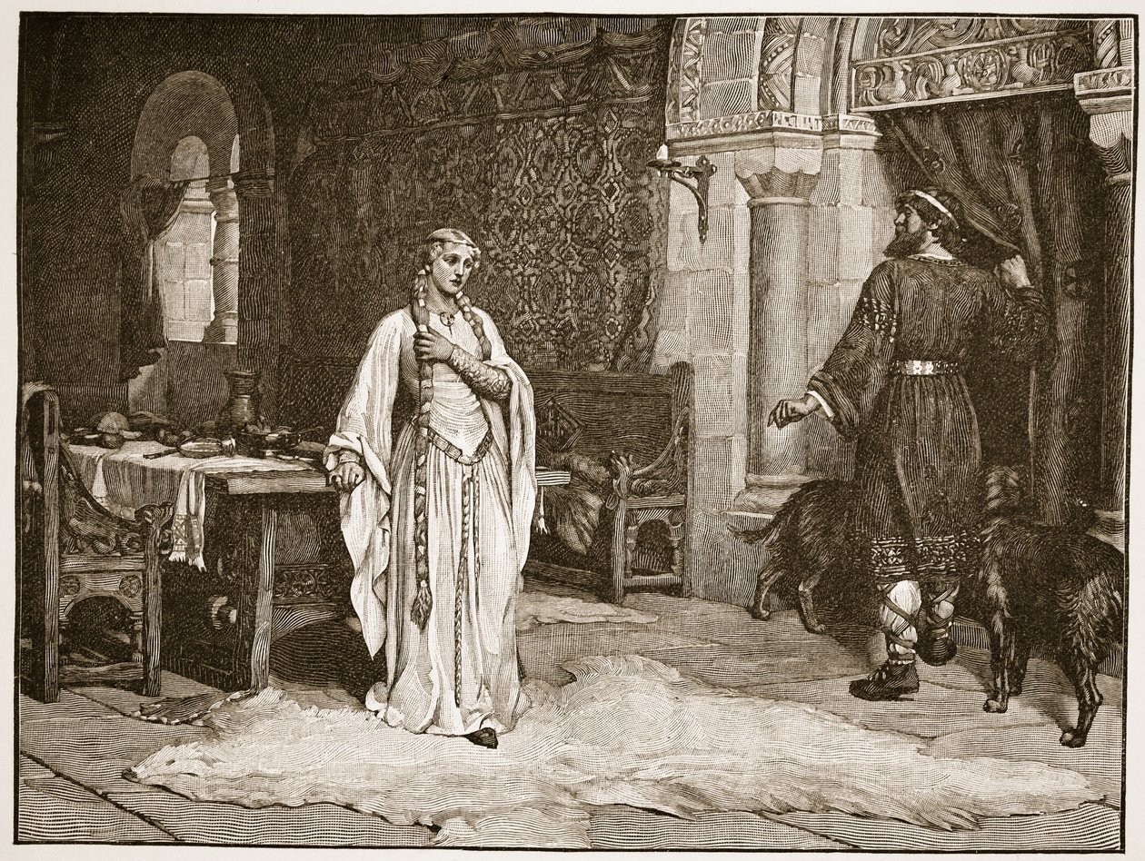 Earl Leofric och Lady Godiva, illustration från "The Church of England: A History for the People" av H.D.M. Spence-Jones, pub. ca 1910 (sepiafoto). av Edmund Blair Leighton