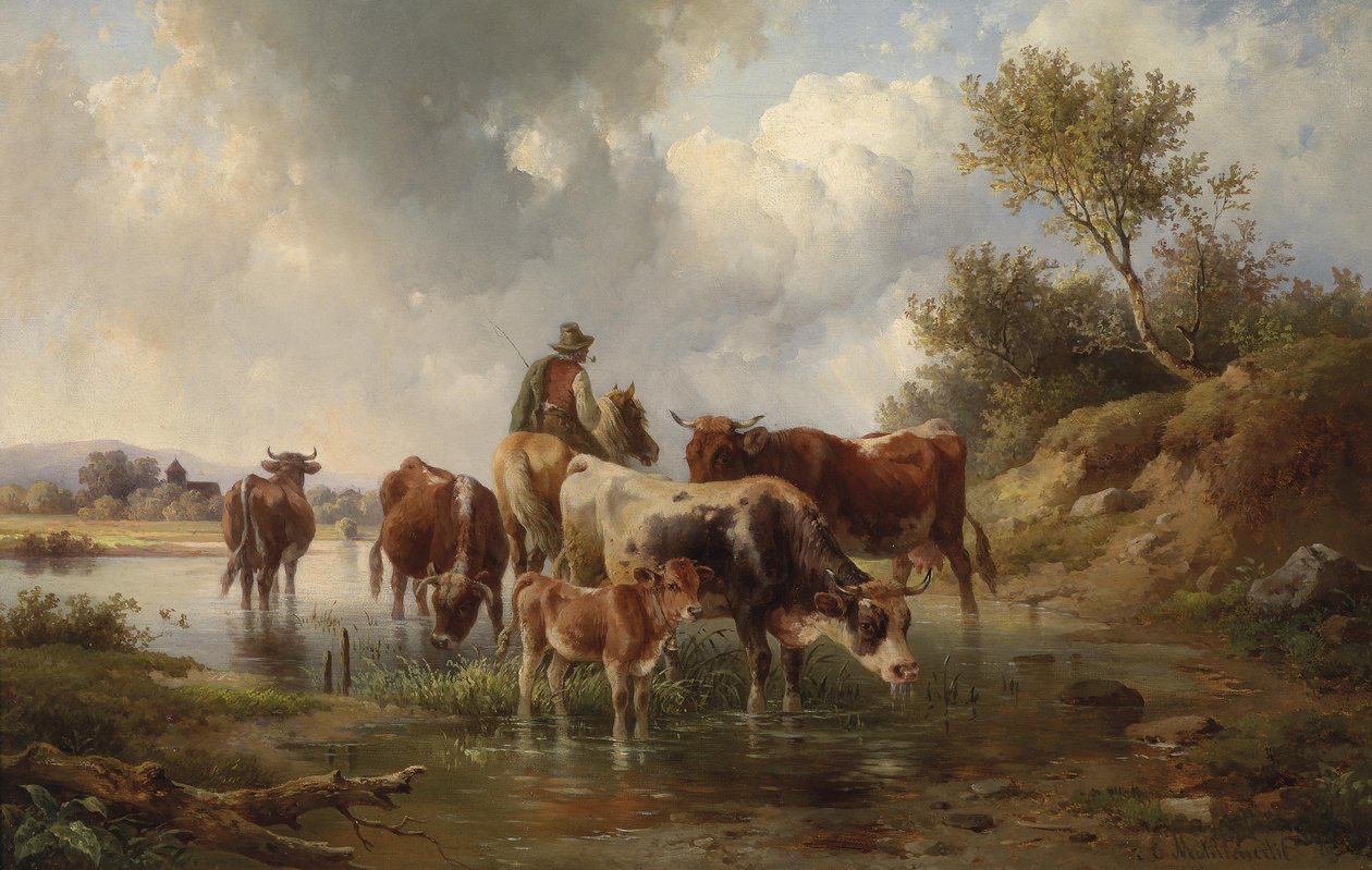 Kühe mit Hirten an der Furt av Edmund Mahlknecht