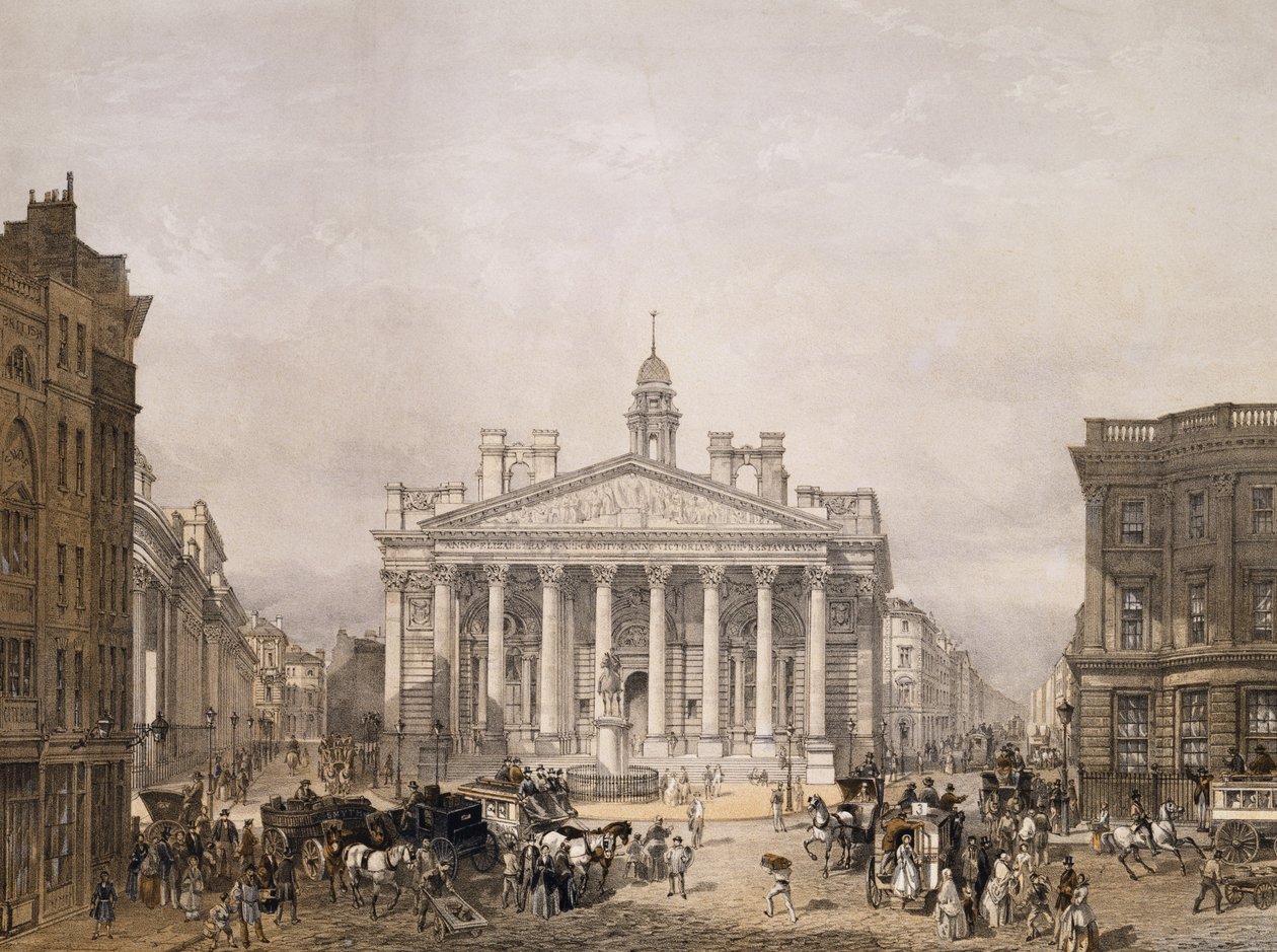 Royal Exchange och Bank of England, pub. 1852 av Lloyd Bros. und Co. (litografi) av Edmund Walker