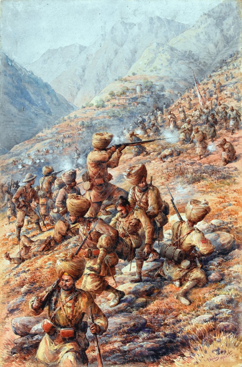 35:e (sikh) regementet av bengaliskt infanteri, Malakand Field Force, avvärjer en attack av stammän av Edmund Arthur Ponsonby Hobday
