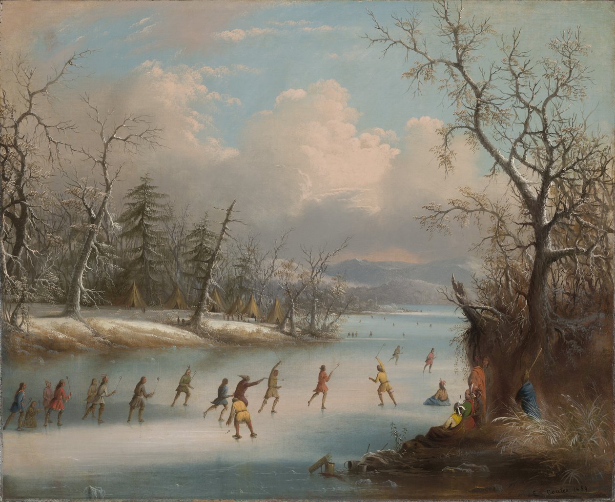 Indianer som spelar lacrosse på isen, 1859 av Edmund C. Coates