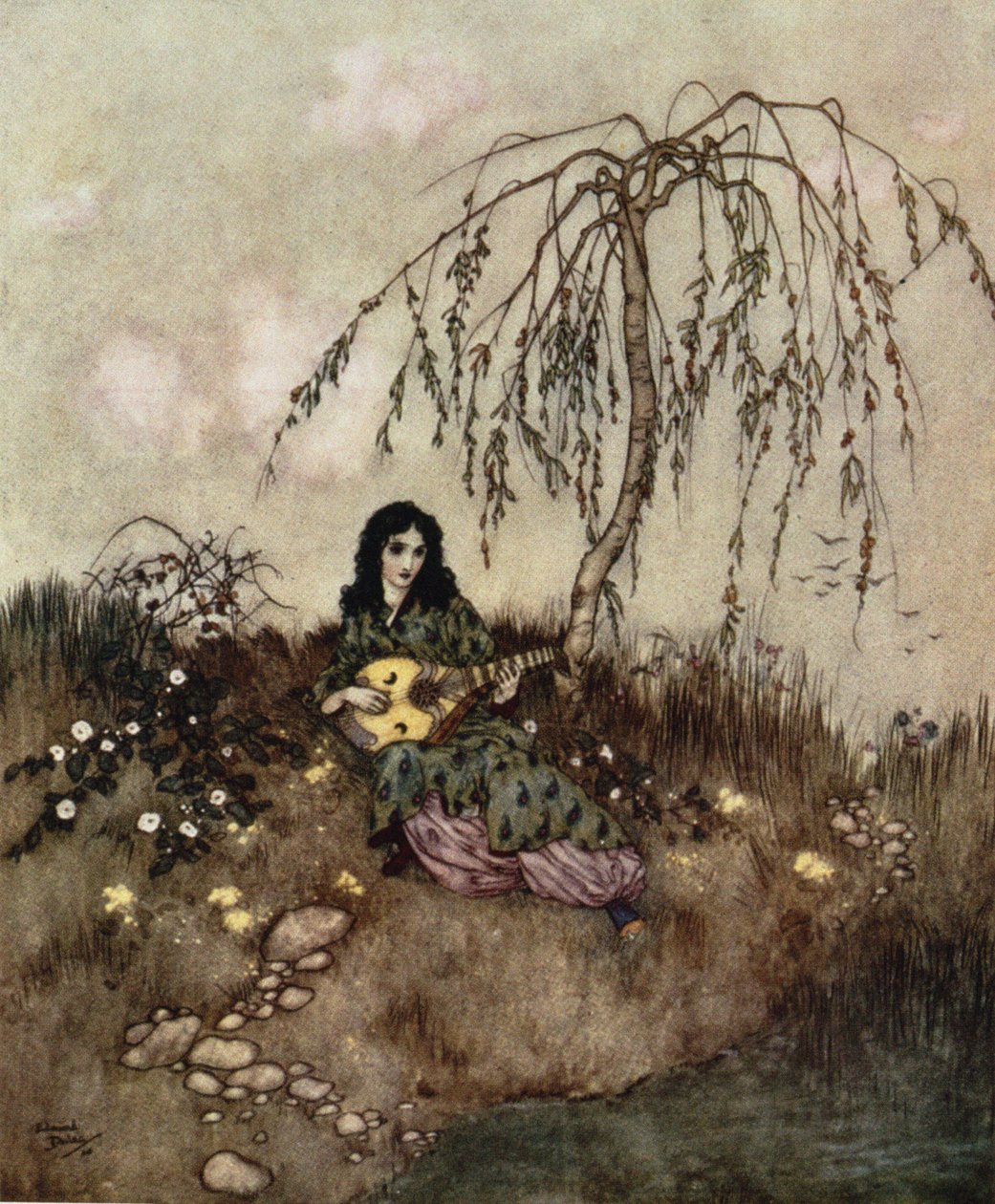 När hon hade gjort sitt arbete sjöng hon och spelade", ur "Askungen", ca 1910 av Edmund Dulac