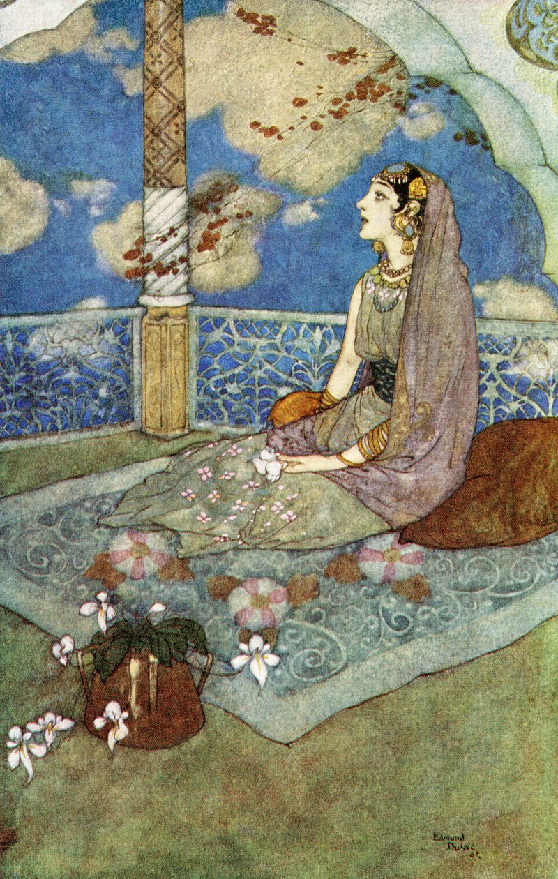 Och ständigt med tårarna rinnande från ögonen suckade hon och sjöng, illustration från "Berättelsen om den magiska hästen av Edmund Dulac