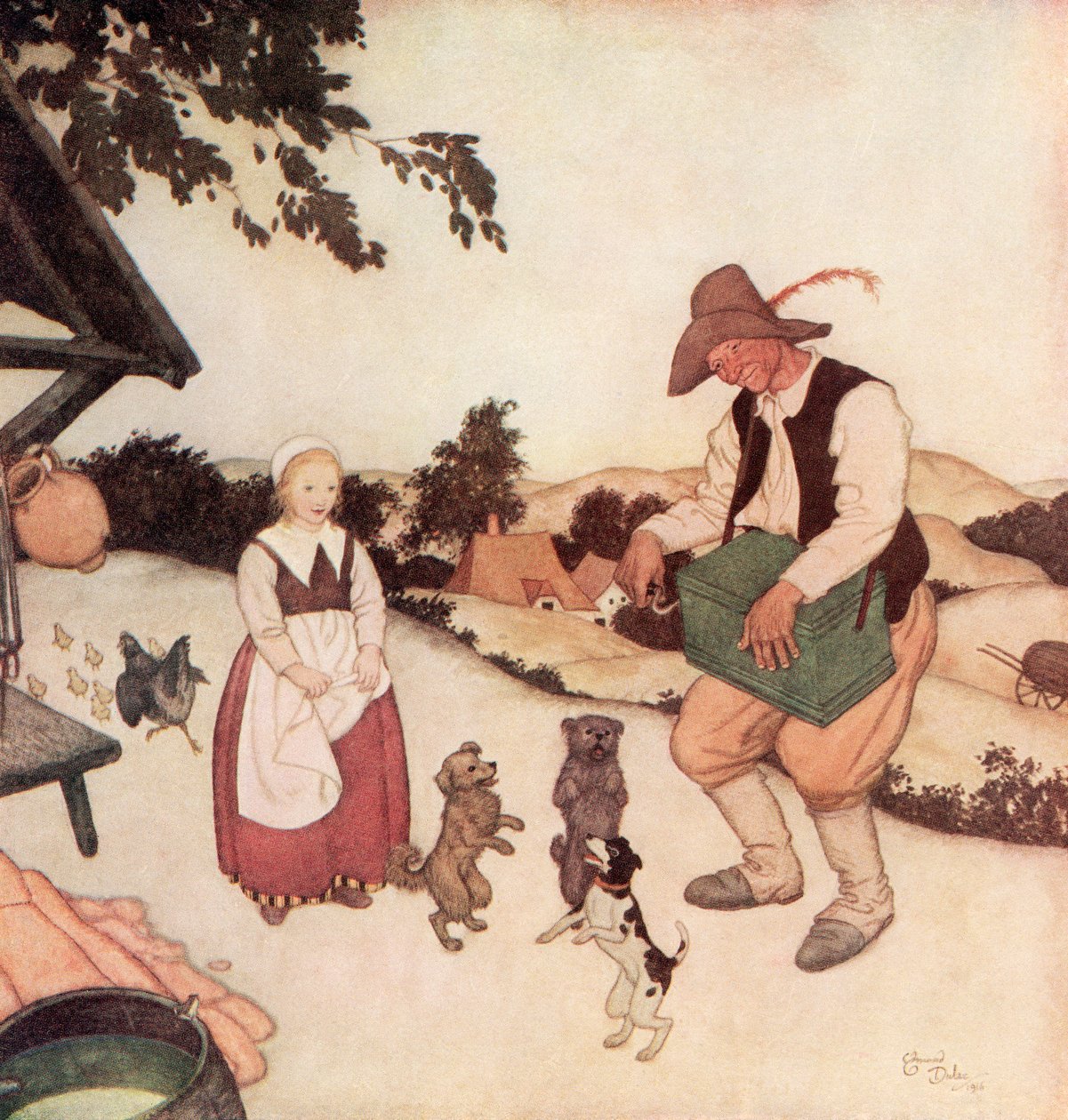 "Och när han såg Vita Caroline, började han spela på sin orgel de vackraste melodier som man kunde höra, och de tre små hundarna började dansa tillsammans", illustration ur den flamländska sagan Vita Caroline och Svarta Caroline, från E av Edmund Dulac