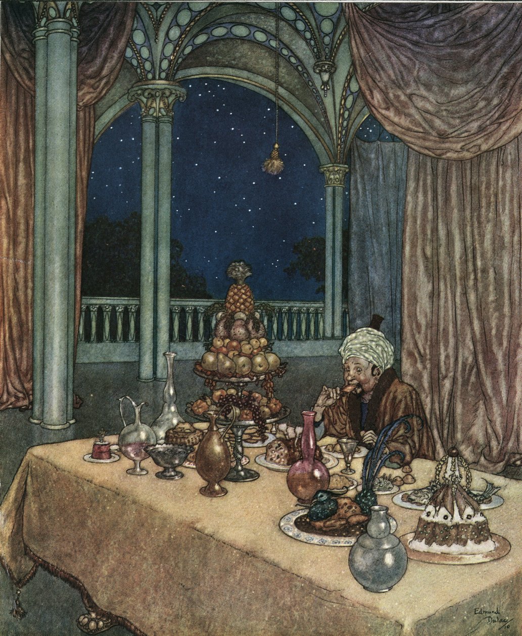 Skönheten och odjuret: Belles far anländer till slottet och upptäcker ett bord fyllt med matvaror, ca 1910 (litografi) av Edmund Dulac