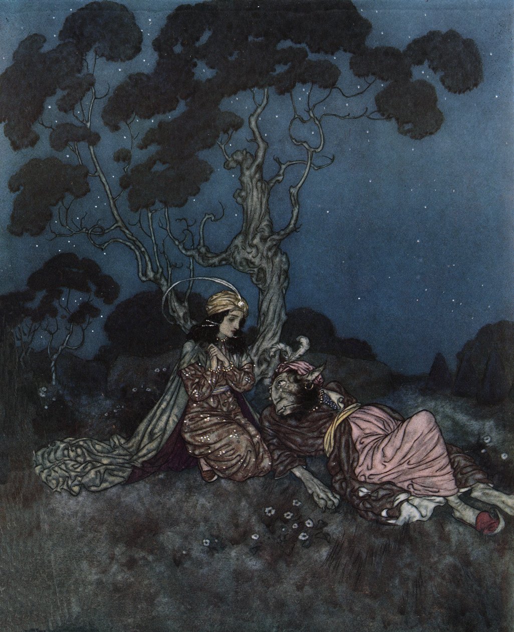 Skönheten och odjuret: skönheten skräms av odjuret som ligger nära henne, ca 1910 (litografi) av Edmund Dulac